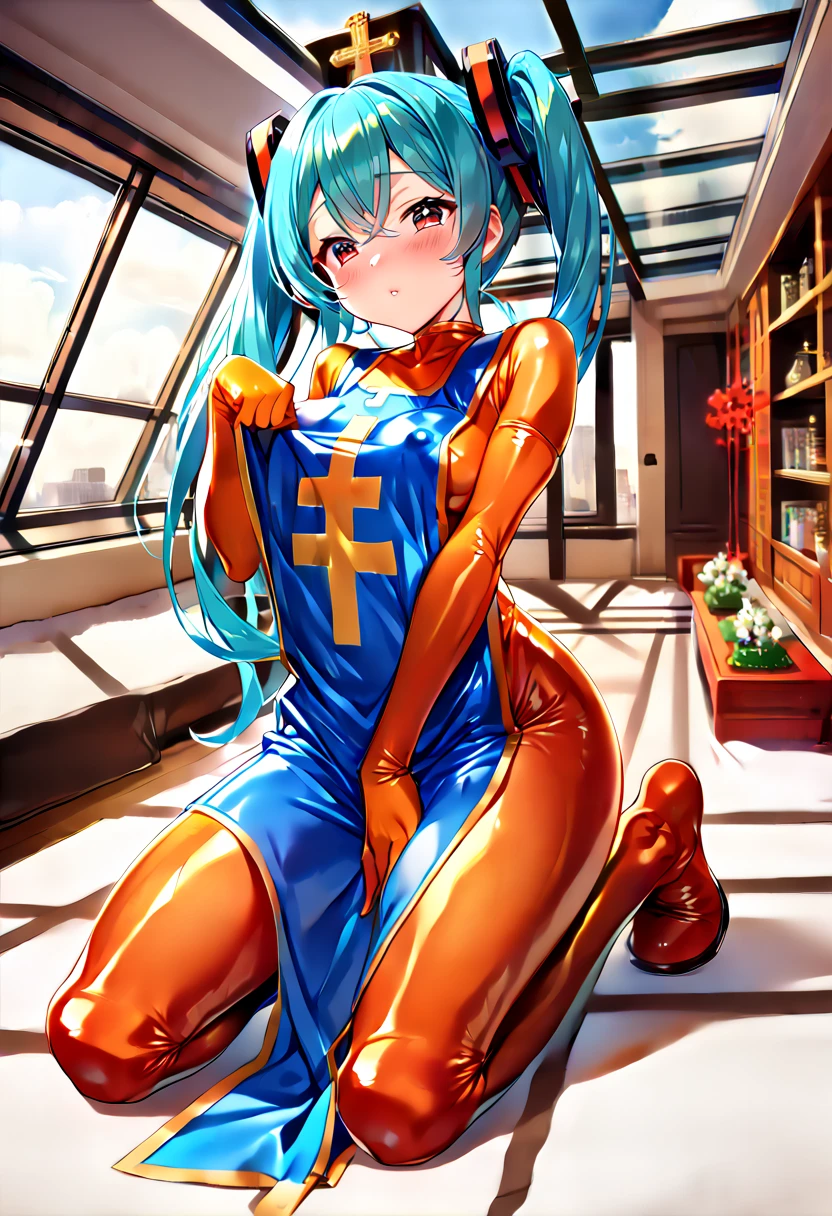 (nsfw:1.4), (hatsune miku:1.2), (priest(dq3) outfit:1.4), (long blue tabard:1.4), (elbow gloves:1.4), (orange bodysuit, latex, tight, skin tight, covered nipples, cameltoe:1.4), (blush, in heat:1.4), (gleaming skin, shiny skin:1.4), (kneeling:1.4), (tabard lift:1.4), (luxurious penthouse, indoor rooftop shrine:1.4),