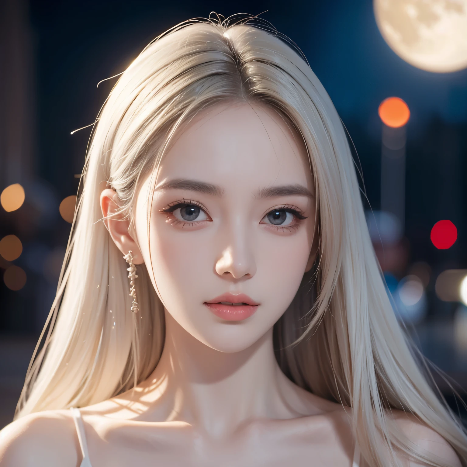 masterpiece,  top quality , ( unique  focus), ( perfect face:1.1), (high detail:1.1),dramatic, 1 person, (pale), White hair,  White eyes , [Light eyebrows],  unique , Long hair, moon, night, White luxury suit, cover navel, pouty lips, cover,  Future Cities ,  Detailed Background , Artwork portrait ， by Artgerm and Greg Rutkowski,  movie lights, roses, Fashion, Balenciaga style