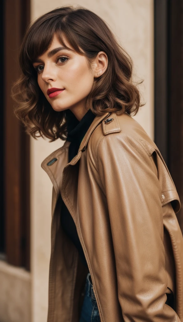 A side portrait, half body, a beautiful, gorgeous, marvelous Argentinian woman, brown hair, she wears curls, long bob cut. Cute expression, pale soft skin, subtle makeup with red lipstick, donning a black leather trench coat with pads on shoulders, paired with skinny denim trousers, accented with a beige sweater top, black riding boots, a black leather backpack slung on her shoulders captured in natural light, shallow depth of field, ultra fine, highly detailed, high constrast, high saturation, 8K, UHD resolution.