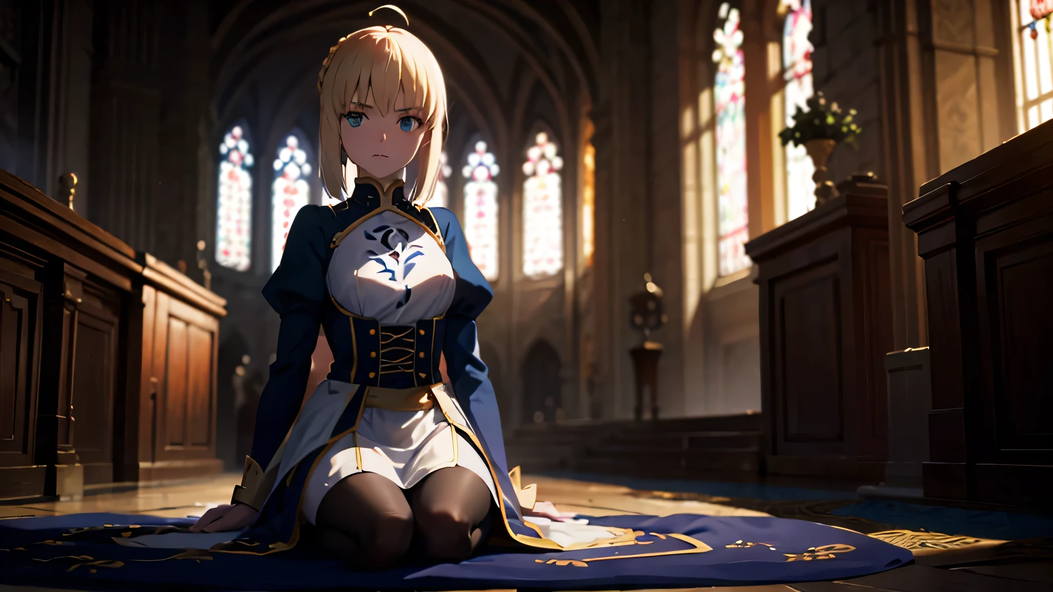 saber from fate; up to down perspective; praying for god sitting on knees; praing pose; staring on sky; mini-skirt; stockings; aesthetic; bohemian; realistic; skinny fit; emo; ; night church background; Dark fantasy ; focus on hips; goddess; solo girl; epic scene