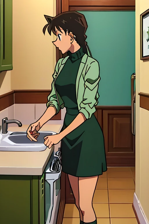 {{{mouri ran}}},{{{Detective Conan}}},{{{long hair}}},{{{official style}}},{{{adult}}},green dress,one-piece dress,turtleneck,green miniskirt, {light green cropped short jacket},{light green cropped short jacket},green socks,,sink,laundry,kitchen,bringing upper body to the sink,open