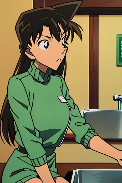 {{{mouri ran}}},{{{Detective Conan}}},{{{long hair}}},{{{official style}}},{{{adult}}},green dress,one-piece dress,turtleneck,green miniskirt, {light green cropped short jacket},{light green cropped short jacket},green socks,,sink,laundry,kitchen,bringing upper body to the sink,open