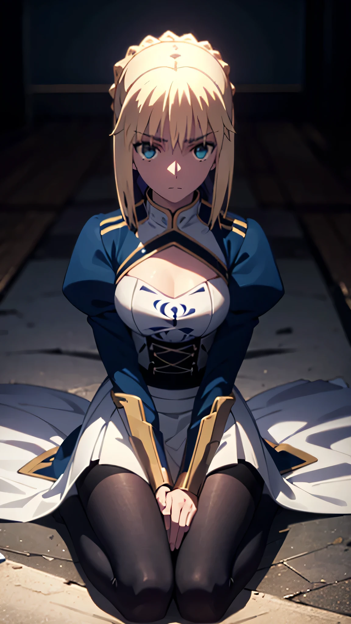 saber from fate; up to down perspective; praying for god sitting on knees; praing pose; staring on sky; mini-skirt; stockings; aesthetic; bohemian; realistic; skinny fit; emo; ; night church background; Dark fantasy ; focus on hips; goddess; solo girl; epic scene