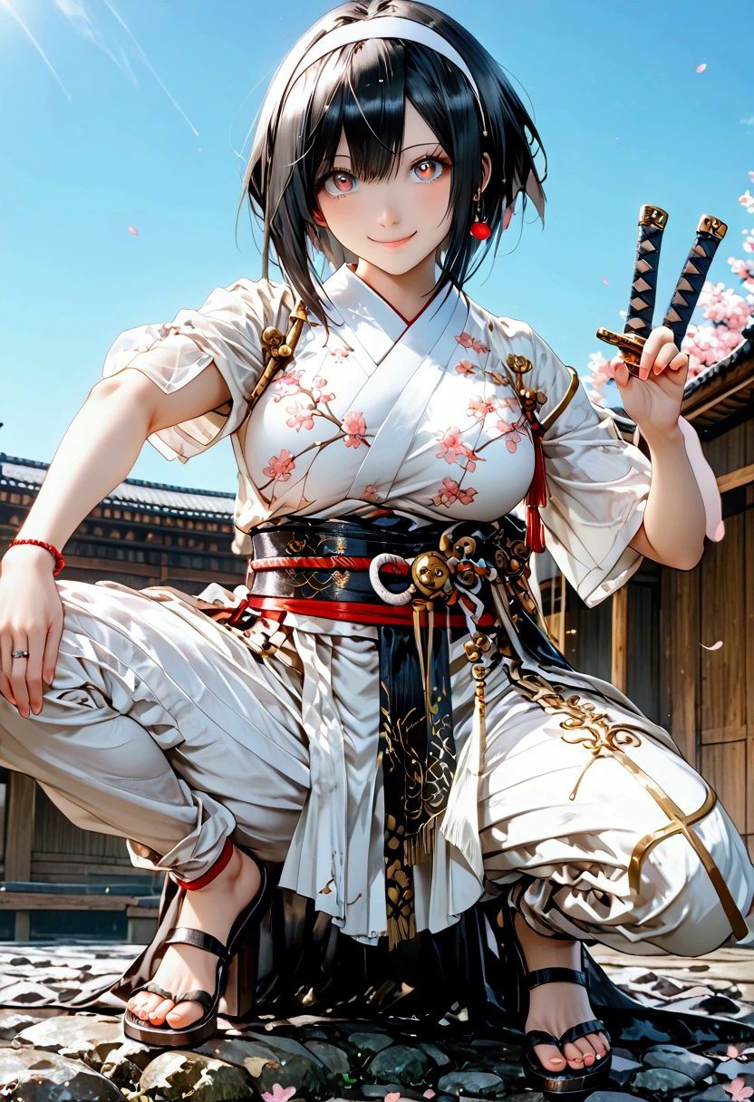 (((1 Japanese female))),(((Old Japanese Female Warrior )))、(((Female warlord)))、(((Warrior Princess)))、(((War Goddess)))、(((((古い日本の鎧)))))、(((((Clothing)))))、((( black hair)))、((( Short Hair )))、(((White headband)))、((( waving Japanese swords ))),(((Squat)))、(((smile)))、((( look up )))、(((Frowning)))、(((Sharp Eyes)))、((( painful expression)))、(((blue sky)))、(((cherry blossoms)))、((( Japan's Warring States Period)))、「 best quality、masterpiece、  illustration without a face 、 very delicate and beautiful、 very detailed、CG、8k wallpaper、 amazing、 details、masterpiece、最高の究極の芸術 very detailed CG Unity 8k wallpaper」、(Dynamic picture )、Huge Breast