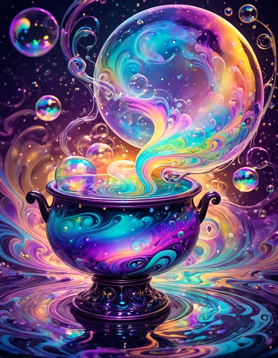 Marbling Art, Marbling Technique. Colorful magical fantasy dreamy soap bubble with iridescent, Magical glow enhances swirling colorful soap bubbles, Magical Reflections on Soap Bubbles with iridescent. witch, Cauldron of bubbling potion, Magical soap bubbles coming out of a mysterious magic cauldron. Fluorescent Colorful Abstract Swirling Waves background