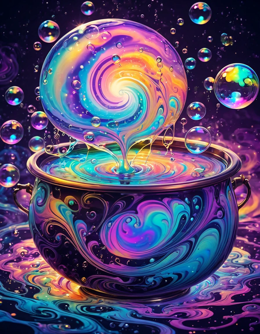 Marbling Art, Marbling Technique. Colorful magical fantasy dreamy soap bubble with iridescent, Magical glow enhances swirling colorful soap bubbles, Magical Reflections on Soap Bubbles with iridescent. witch, Cauldron of bubbling potion, Magical soap bubbles coming out of a mysterious magic cauldron. Fluorescent Colorful Abstract Swirling Waves background