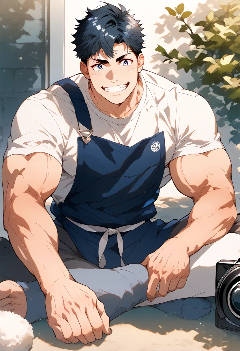 Delicate eyes and delicate face, 1 boy, 18 years old, handsome face, pure and cute face, Detailed face, White T-shirt with blue apron, cute, Male focus, muscular, muscular male, Chest muscles, black short hair, black eyes, detailed eyes, smile, Sole, Solitary, Full body picture, front camera, clean face