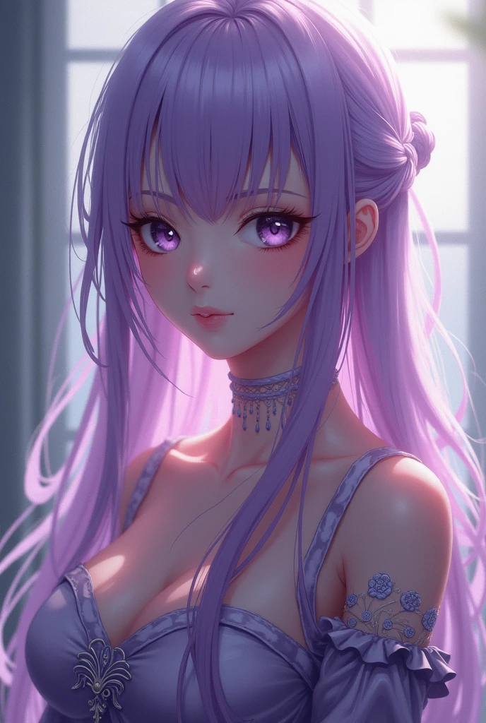 ((Masterpiece, high quality)), 1girl, long light purple hair, ((dark green eyes)), very green eyes+