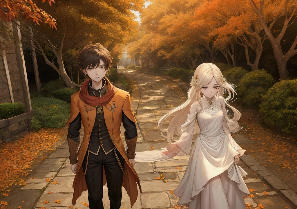 A fantasy-inspired digital artwork. The boy and girl are walking on a quiet footpath covered with fallen autumn leaves. The boy glances shyly at the girl, who’s walking ahead, her hair flowing gently. The soft, glowing leaves create a dreamy atmosphere.
Emotion:
Curiosity, shy attraction.