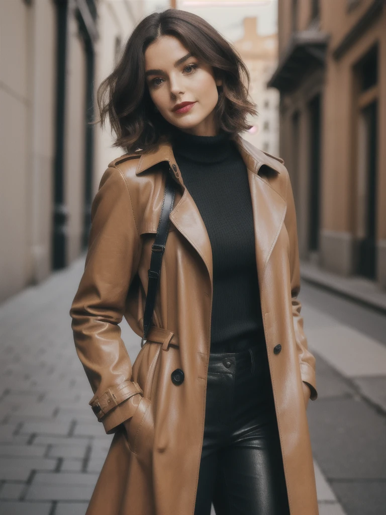 A side portrait, half body, a beautiful, gorgeous, marvelous Argentinian woman, brown hair, she wears curls, long bob cut. Cute expression, pale soft skin, subtle makeup with red lipstick, donning a black leather trench coat with pads on shoulders, paired with skinny denim trousers, accented with a beige sweater top, black riding boots, a black leather backpack slung on her shoulders captured in natural light, shallow depth of field, ultra fine, highly detailed, high constrast, high saturation, 8K, UHD resolution.