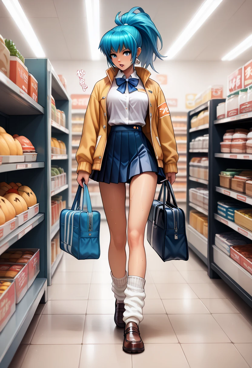 BREAK 1girls, walking, bag, looking fun, way to school, puppy, shop , BREAK 1girl,leonakofdg,blue hair,Sweat,(Sound Effects:1.3), Gal High School Girl Uniform,super mini skirt,Jacket,Shirt with a length that shows lower breasts, loose socks, Loafers,