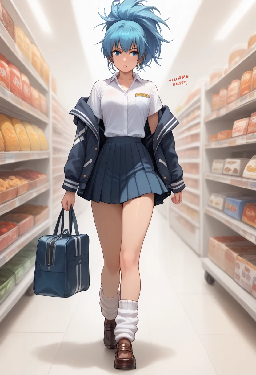 BREAK 1girls, walking, bag, looking fun, way to school, puppy, shop , BREAK 1girl,leonakofdg,blue hair,Sweat,(Sound Effects:1.3), Gal High School Girl Uniform,super mini skirt,Jacket,Shirt with a length that shows lower breasts, loose socks, Loafers,