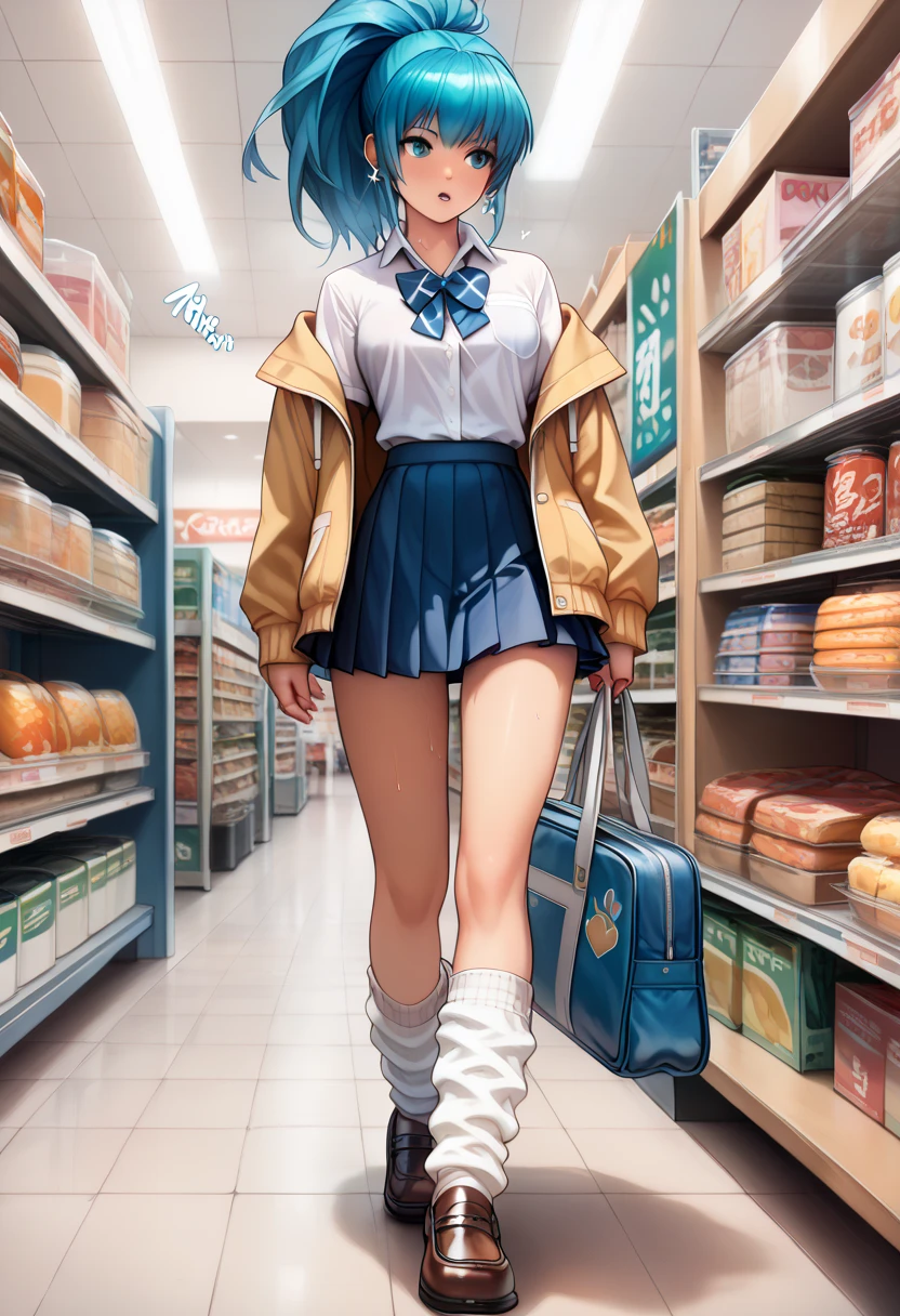 BREAK 1girls, walking, bag, looking fun, way to school, puppy, shop , BREAK 1girl,leonakofdg,blue hair,Sweat,(Sound Effects:1.3), Gal High School Girl Uniform,super mini skirt,Jacket,Shirt with a length that shows lower breasts, loose socks, Loafers,