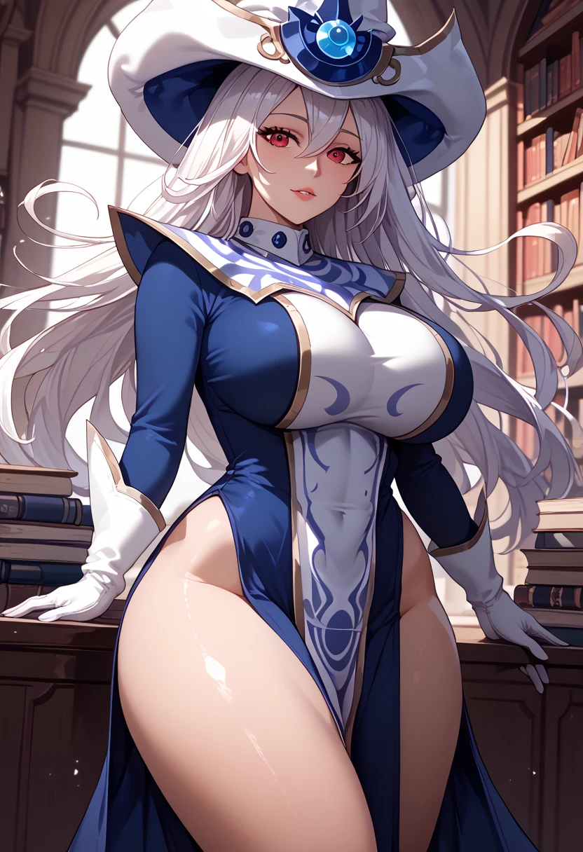 Perfect CG unity 8K UHD wallpaper, Perfect CG unity 8K UHD wallpaper, silentmagician, white hair, ((long hair:1.5)), red eyes, wizard hat, blue dress, hip vent, long sleeves, white gloves, tabard, pelvic curtain, library, wide hips, thick thighs, huge breasts,