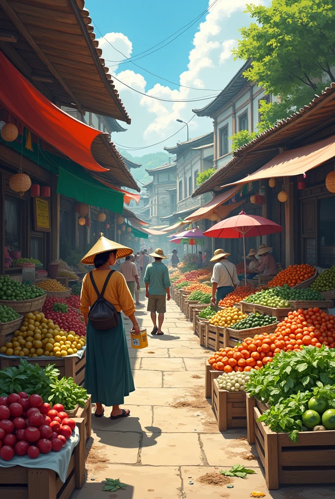 Show Older village their huts their cart of vegetables seller and customers and fruits their people their older men walking on stick walking old boyscartoon