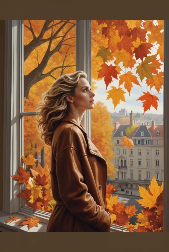 Masterpiece surreal hyper realistic oil on canvas painting in Don Lawrence style about the autumn leaves drift by the windows when a beautiful woman is staring on a beautiful tree leaves falling on the streets