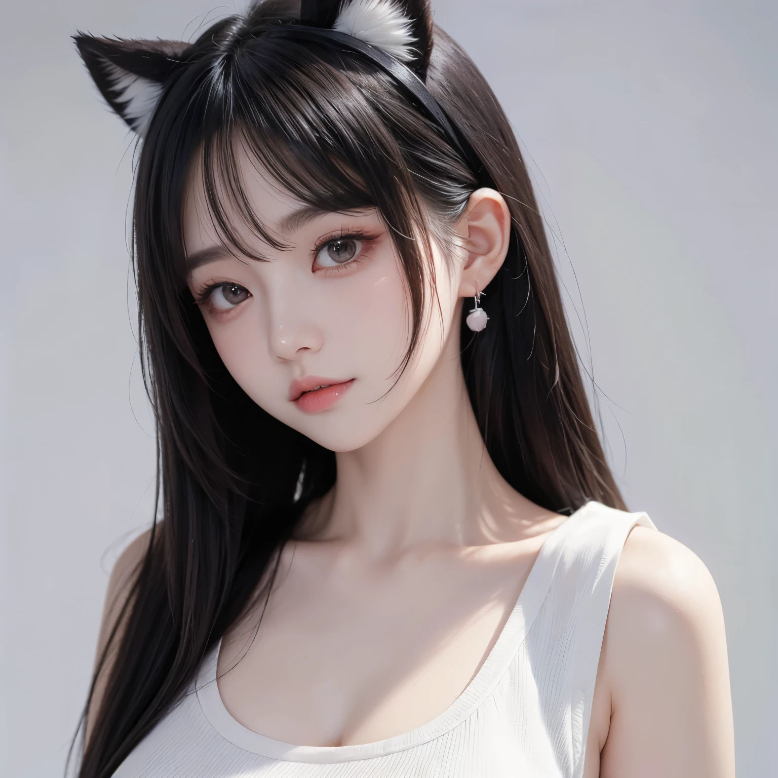 1 Girl, animal_ear_Brushed, animal_ears,  bangs, only_Shoulder, black_hair,  blush, breast, cexist_ears, closure_Mouth, Eyebrow_Visible_pass_hair, Green_Eye, grey_background, hair_between_Eye, Caril_(Princess_connect!), Long_hair, Check_exist_Check者, medium_breast, multicolored_hair, shirt,  simple_background, sleeveless, sleeveless_shirt,  unique , superior_Body, White_background, White_shirt, 