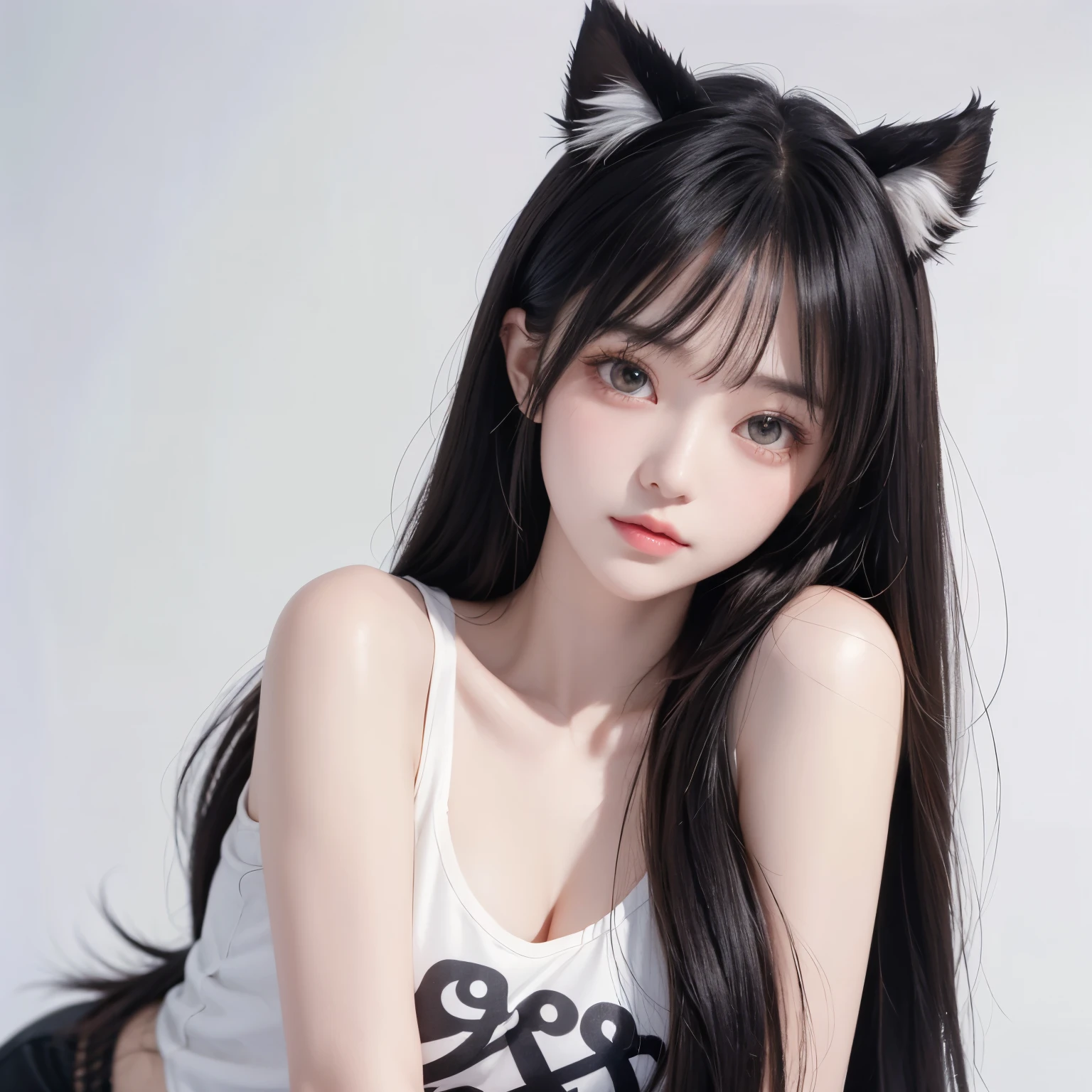 1 Girl, animal_ear_Brushed, animal_ears,  bangs, only_Shoulder, black_hair,  blush, breast, cexist_ears, closure_Mouth, Eyebrow_Visible_pass_hair, Green_Eye, grey_background, hair_between_Eye, Caril_(Princess_connect!), Long_hair, Check_exist_Check者, medium_breast, multicolored_hair, shirt,  simple_background, sleeveless, sleeveless_shirt,  unique , superior_Body, White_background, White_shirt, 