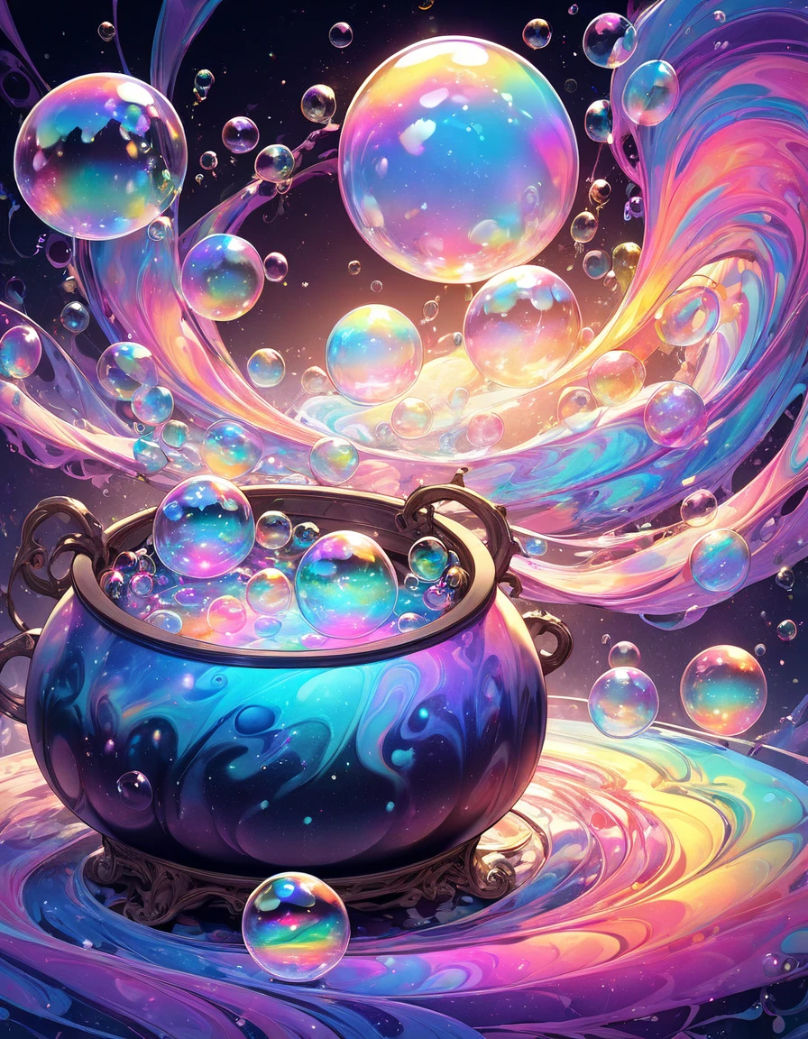 Marbling Art. Colorful magical fantasy glow soap bubble with iridescent, Reflections on Soap Bubbles with iridescent glow. witch, Cauldron of bubbling potion, Magical soap bubbles coming out of a mysterious magic cauldron. Colorful Abstract Swirling Waves background