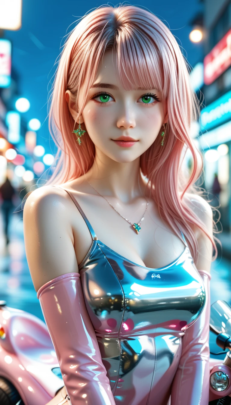   Pink美しい若いアニメ女性, Blurred , Sparkling, she,    Beautiful young anime woman with green eyes and sassy    ,  Pink   ,  Futuristic , plastic , Sparkling Latex Motorbike Anzug,  cyberpunk style , 4K,    best quality,  ray tracing, At night ,   Best lighting   