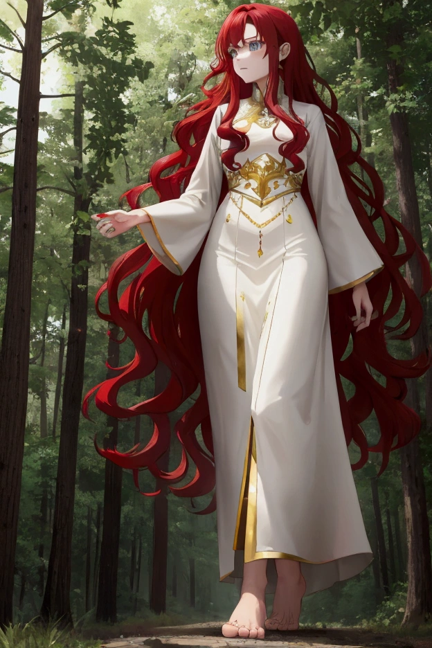  Giant with long red hair walking in the woods barefoot wearing a dress with white and gold pieces 