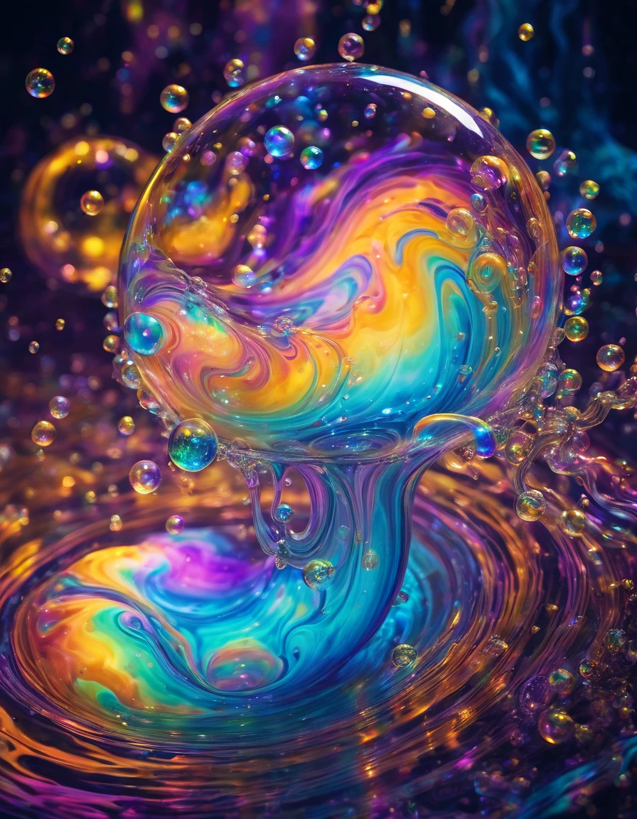 Marbling Art. Colorful magical fantasy glow soap bubble with iridescent, Reflections on Soap Bubbles with iridescent glow. witch, Cauldron of bubbling potion, Magical soap bubbles coming out of a mysterious magic cauldron. Colorful Abstract Swirling Waves background