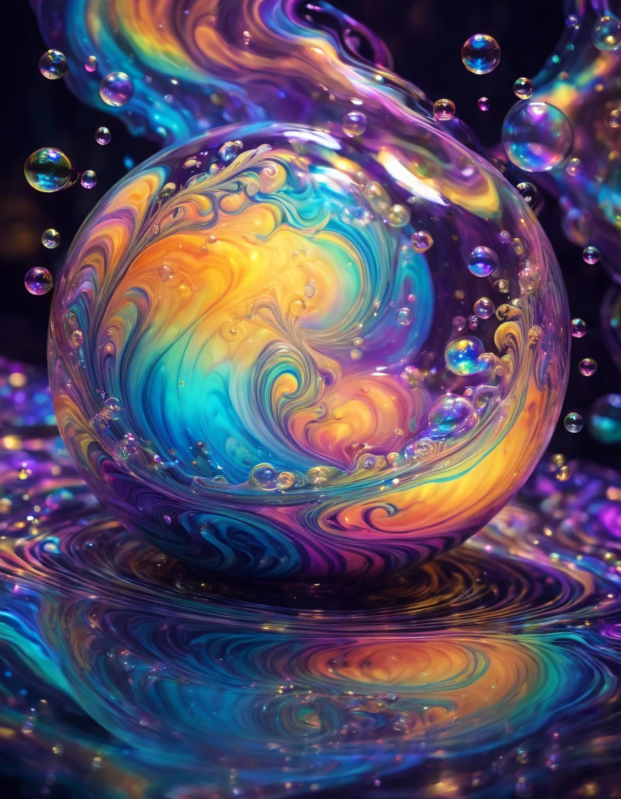 Marbling Art. Colorful magical fantasy glow soap bubble with iridescent, Reflections on Soap Bubbles with iridescent glow. witch, Cauldron of bubbling potion, Magical soap bubbles coming out of a mysterious magic cauldron. Colorful Abstract Swirling Waves background