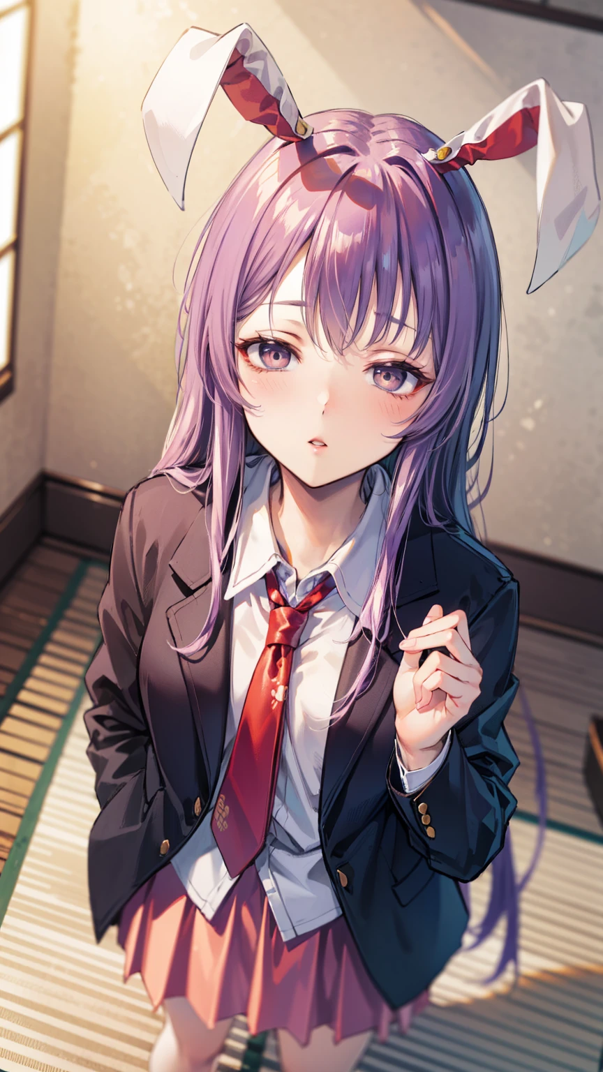 (real animation), (best quality,8k,highres,masterpiece:1.2),ultra-detailed,(realistic,photorealistic,photo-realistic:1.37), portrait, ((reisen udongein inaba, 1girl,purple hair,very long hair, rabbit ears, red eyes,black jacket,open jacket,necktie,white shirt,pink skirt,)), gentle expression,rosy cheeks, ((embarrassed face:1.6, full blush:1.6, fell in love at first sight)), (indoor, Japanese style room:1.2、tatami、futon)、sweat、cute、full body、standing