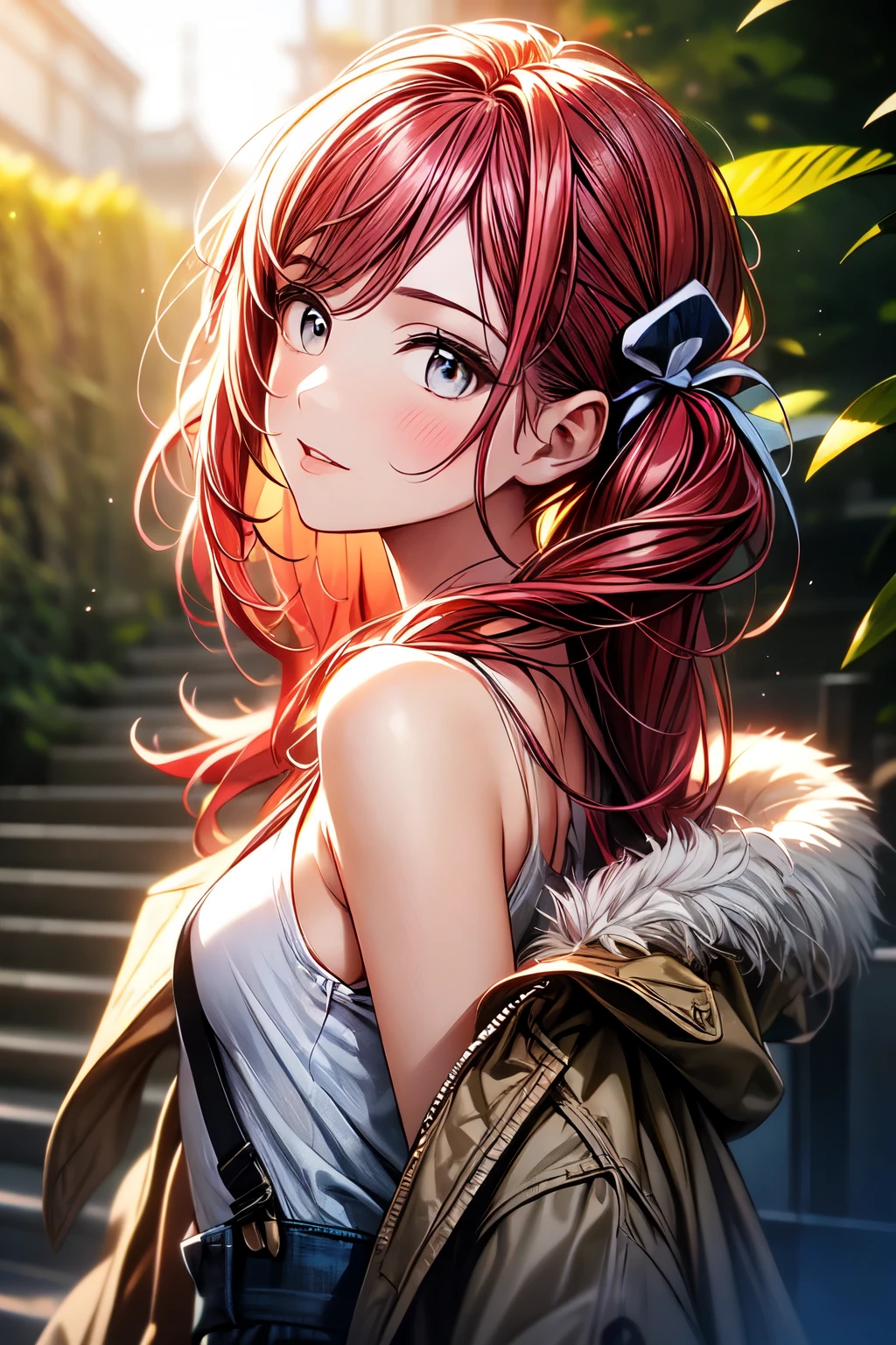 thin, 1 expressionless girl, stoic, looking to the side, beautiful face, Gray eyes, red hair, swept bangs, low twin tails, white ribbons, black strapless tank top, jeans, small breasts, toned arms,. ( better quality , high resolution,  full coat), oil painting:1.1, ( vibrant colors, Soft lighting), (detailed eyes,  Detailed lips ).
