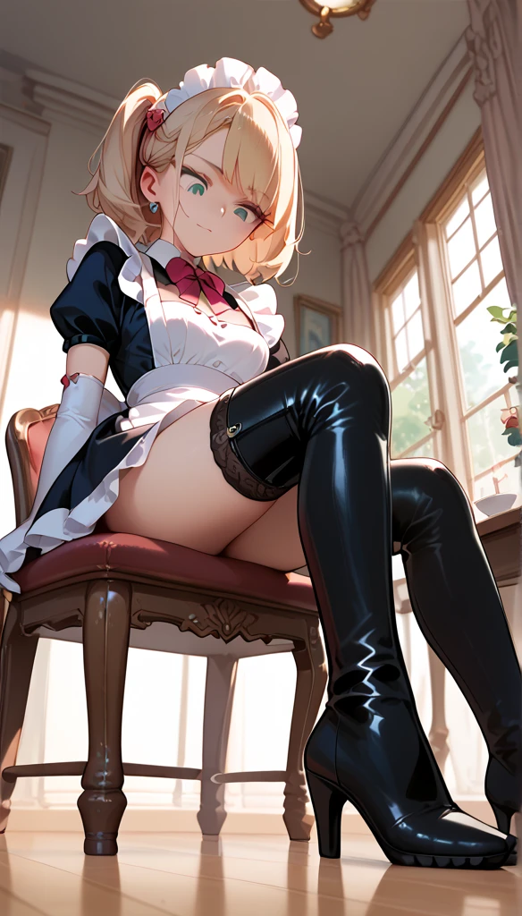 highest quality, masterpiece, ((1 girl:1.5)), ((smile:1.3)), (blush:1.3), Black Shirt, blouse, ((fun!!)), (Small breasts), Blonde, (Long sleeve), ((White apron:1.5)), ((Maid)), ((hair ornaments)), Kamimei, look at me, ((in house:1.5)), Taking a break from watching the audience,  ((knees to chest:1.5)),((spread legs:1.5)), ((shaved pussy:1.5)), Light blue eyes, long hair, Glowing Eyes