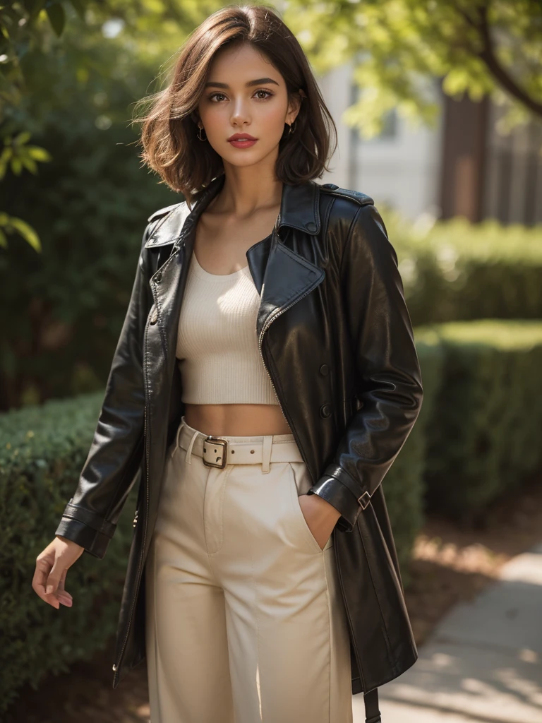 A side portrait, half body, a beautiful, gorgeous, marvelous Argentinian woman, brown hair, she wears curls, long bob cut. Cute expression, pale soft skin, subtle makeup with red lipstick, donning a black leather trench coat with pads on shoulders, paired with skinny denim trousers, accented with a beige sweater top, black riding boots, a black leather backpack slung on her shoulders captured in natural light, shallow depth of field, ultra fine, highly detailed, high constrast, high saturation, 8K, UHD resolution.