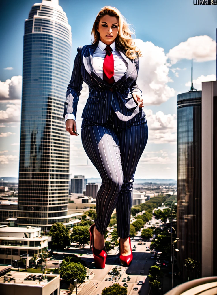 A stylish 10 mile tall woman in a light grey pinstripe pant suit, white shirt, and a large wide paisley necktie in a windsor knot, with a beautiful, curvaceous figure, massive breasts, and long blonde wavy hair, with a curvaceous figure and natrual breasts. wearing red rounded platform high heels with uncovered feet and standing, rampage-like pose, with a cityscape background of mega-city, partially obscured by a hazy, cloudy atmosphere. The image is a high-resolution, masterpiece-quality, cinematic, ultra-detailed, and hyper-photorealistic photograph, with perfect hands, face, and lighting. ultra-detailed, 8K, photo-realistic, hyper-realistic, masterpiece, intricate details, full body view. Looking at camera, The image is a high-resolution, masterpiece-quality, cinematic, ultra-detailed, and hyper-photorealistic photograph, with perfect hands, face, and lighting. ultra-detailed, 8K, photo-realistic, hyper-realistic, masterpiece, intricate details, full body view