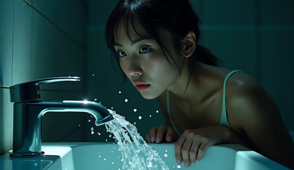 (photorealistic:1.4), (masterpiece:1.2),Lucy \(cyberpunk\), lying submerged in bathtub, naked, plugged in, sleeping, cables coming from body, close up,