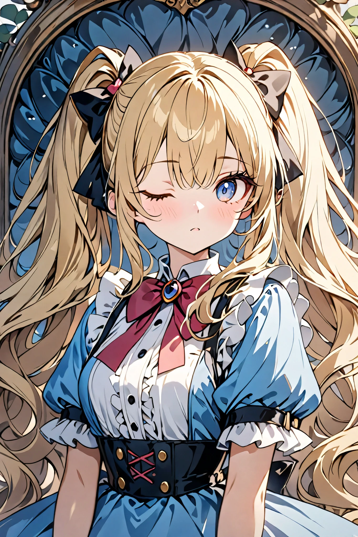  1 girl, masterpiece,  best quality, 8k,   fine skin texture,  fine fabric texture ,  beautiful detailed face ,  intricate details,  super detailed,  Alice in Wonderland ,  upper body，Blonde,  twin tails,  very long hair,  hair to hide one eye,  hair that flutters like, Vertical Roll, Curly Hair,  asymmetrical hairstyle , Too much hair,  Expressive Hair , 