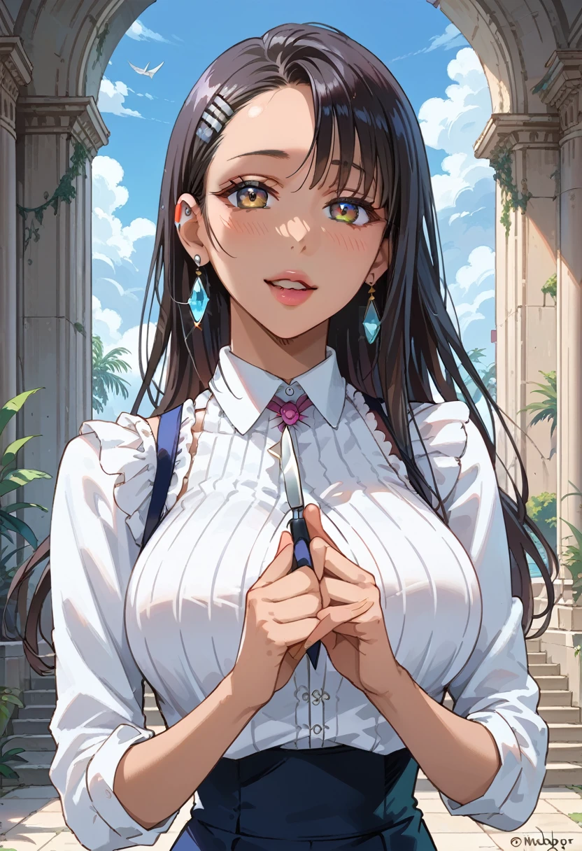  Ruined City 、ruins、bare hands、bare hands、Brown Skin、Scatoro masterpiece, best quality, BEAUTIFUL AND DETAILED EYES ,  beautiful detailed lips,  very detailed eyes and faces,  1 female,Big saggy breasts,  Big Breasts ,  Big Breasts ,  Thin Waist,  stylish body, wicked laugh、knife