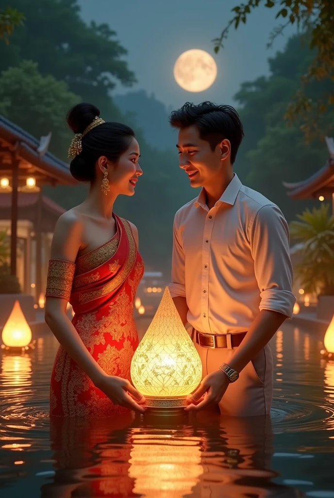 Indonesian couple sitting on a railing with lanterns in the air, gaze at the camera, they are happy and smilling, romantic lighting, very magical and dreamy, dreamy and romantic, romantic light, with paper lanterns, floating lanterns, floating lights, enchanting lighting, romantic themed, stunning photoshot, hanging lanterns, glowing lanterns, romantic couple, glowing paper lanterns, magical lighting, tea drinking and paper lanterns