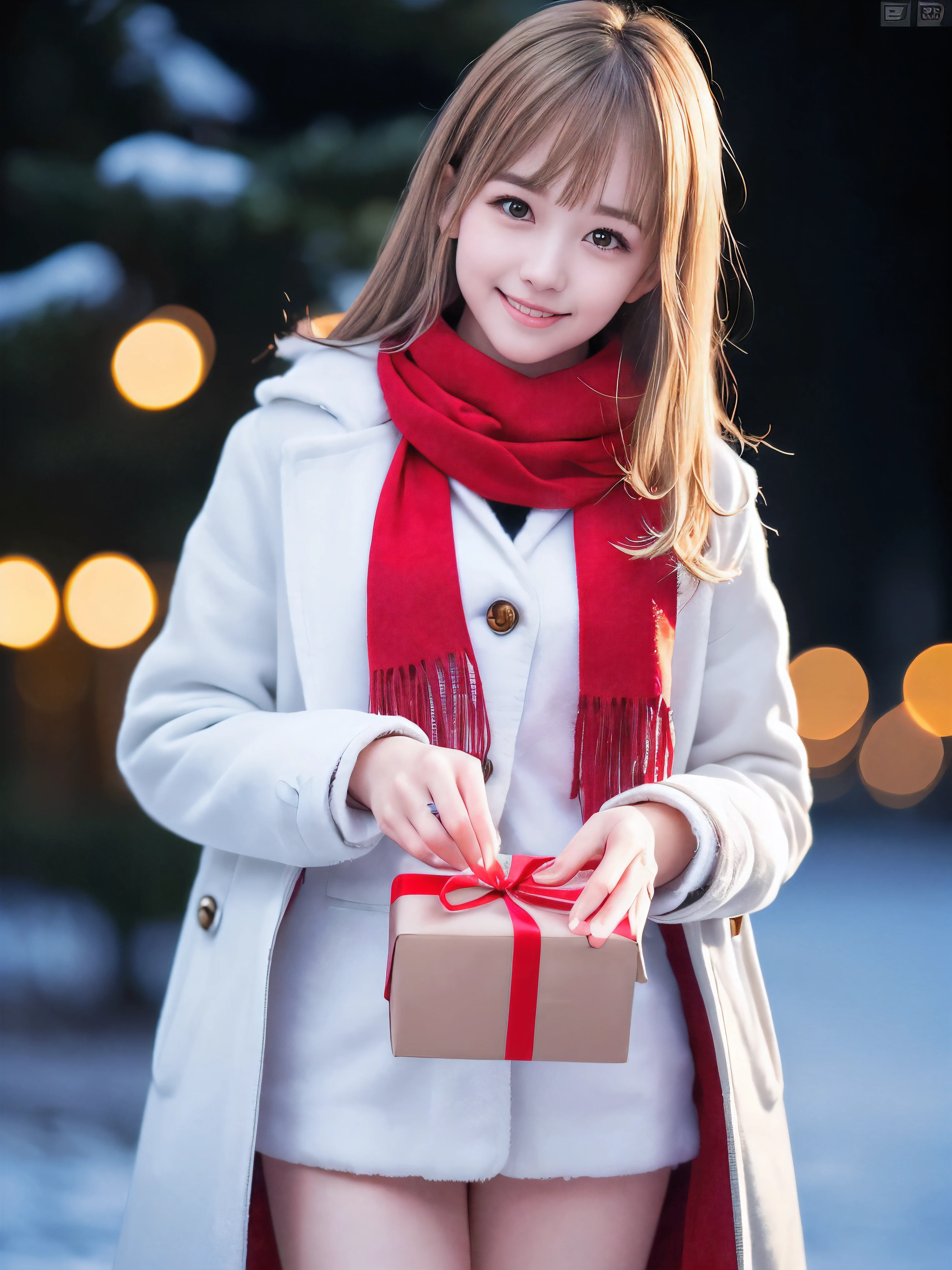 (Close-up face shot of one slender small breasts half up blonde long hair with bangs girl in a winter white long coat and red scarf:1.5)、(One blonde hair girl is holding a big gift box in arms with happy smile:1.5)、(Beautiful Christmas illumination night:1.5)、(Heavy snowing night:1.5)、(blurred background:1.5)、(Natural light:1.5)、(8k ultra detailed master piece:1.5)、(perfect anatomy:1.5)、(Photorealistic stick:1.5)、(Raw photo:1.3)、(highest quality:1.5)、(High resolution:1.3)、(Delicate and beautiful perfect face:1.3)、(Delicate and beautiful eye air skin:1.3)、(Real Human Skin:1.3)、((thin legs))