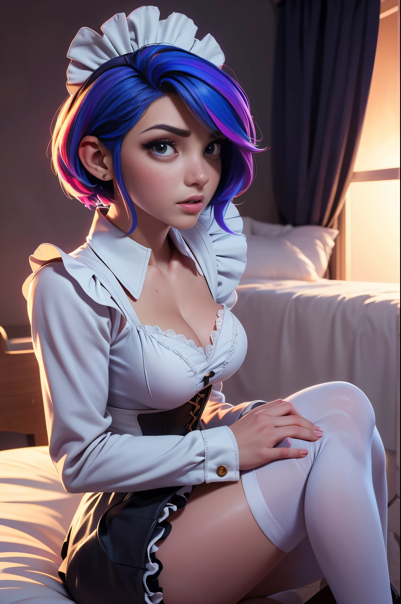 Masterpiece, best quality. (hyper-realistic:1.4) , (full body:1.5),
Rem from rezero, (remrin), cute, lustrous skin, enchanting gaze, blue hair, short hair, (hair over one eye:1.3), blue eyes, NSFW, (NAKED BREASTS:1.5), roswaal mansion maid uniform, black skirt, intricate lace, white thighhighs, looking at viewer, strongly ashamed, embarrased, blushing, epic, cinematic, dramatic, reflective, shining, purple glow, big breasts, cleavage, sexy, modeling pose, turned, ((undressing
panty pull:1.5))
smooth perfect skin, smooth_skin
Beautiful、big breasts,
FULL BODY SHOT, ultra wide angle, textured skin, face detail, clean skin, perfect hands, perfect anatomy, anatomically correct,
(Realistic bedroom background:1.2)