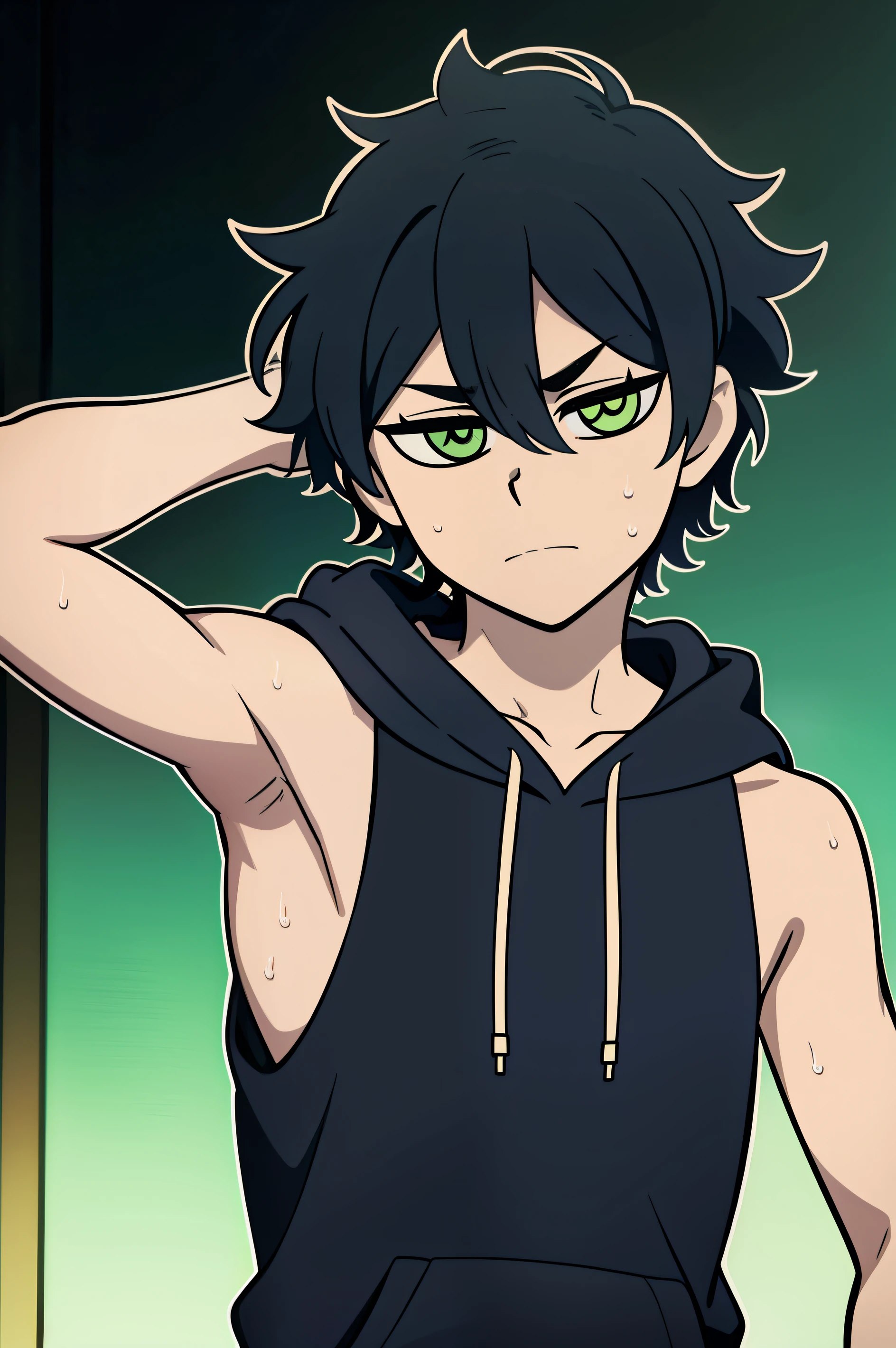 Highres, Masterpiece, Best quality at best,Best Quality,hight quality, hight detailed, Anime style, 1boy, Shota, Young boy, Young andy graves, hair between eyes, closed mouth,black hair, green eyes, Slim body, messy hair, look at viewer, Sleeveless hoodie, Bare shoulder, choker, upper body, White beckground, bright pupils, outline, white pupils, white outline, bold outline, (Showing armpit:1.3), Cute armpit, hansome boy, (Look like young boy), White beckground, hansome boy, Uhd, bokeh, sweat