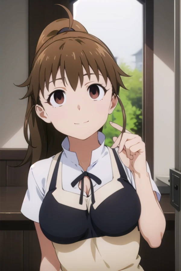 Popurataneshima, Popura Taneshima, Long Hair,  brown hair, ( Brown Eyes :1.5),  ponytails bleeding from the vagina, Ahoge, smile,
break apron,  waitress , Short sleeve,  skirt, black  skirt,
break indoors,  restaurant ,
break looking at viewer, ( cowboy shooting alone:1.5),
break (masterpiece:1.2),  best quality,  high definition ,   Unity 8K Wallpaper, (Illustration:0.8), ( BEAUTIFUL AND DETAILED EYES :1.6),   very detailed face in light blue underwear ,  perfect lighting,  highly detailed CG , (  Perfect Hand , perfect anatomy),Busty , big breasts , hollow eyes