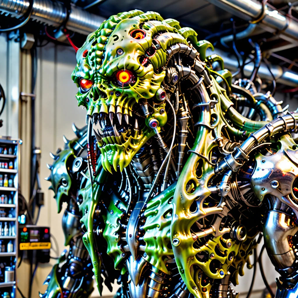 Full body images, plastic models, kits of evil monsters, Cthulhu mecha, metal tentacles, (((a tank-like lower body))), caterpillar tracks, a frightening face, skin that glows with electricity, a titanium alloy skeleton, organic internal organs. Reinforced glass armor, cyborg monsters, digital images that show cyborgized machines in each part.