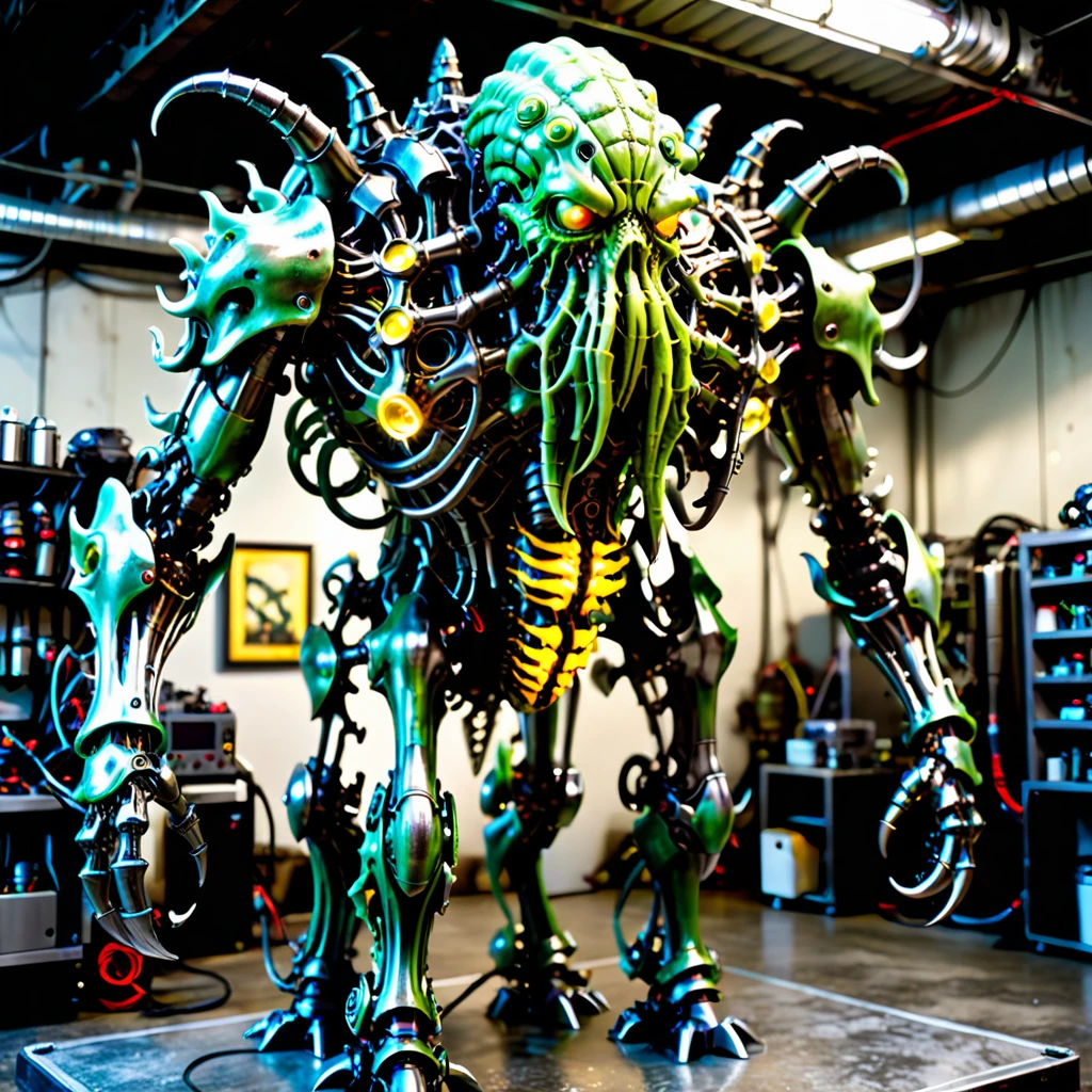 Full body images, plastic models, kits of evil monsters, Cthulhu mecha, metal tentacles, (((a tank-like lower body))), caterpillar tracks, a frightening face, skin that glows with electricity, a titanium alloy skeleton, organic internal organs. Reinforced glass armor, cyborg monsters, digital images that show cyborgized machines in each part.