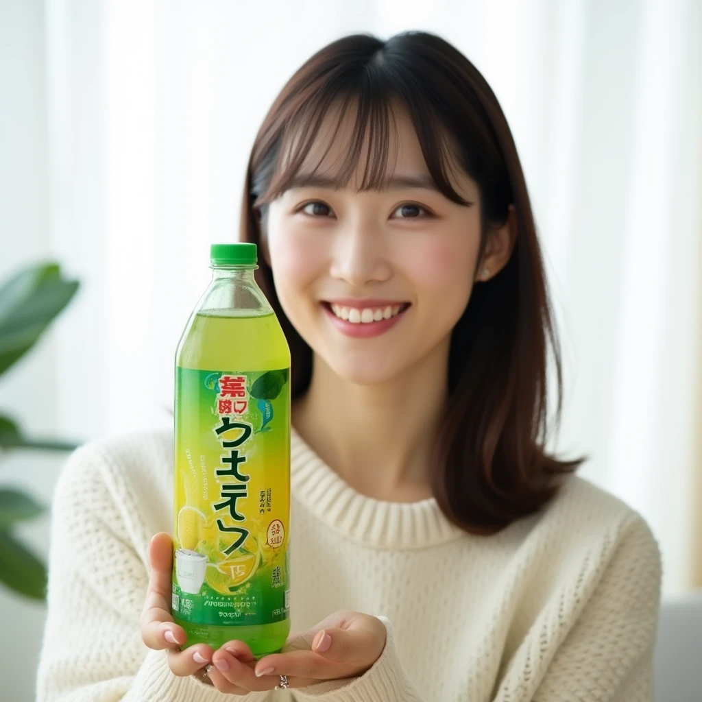 A realistic and professional photo of a woman indoors, holding a bottle of green tea with both hands. She is wearing a simple white sweater, creating a soft and casual look. Her hair is medium-length, dark brown, and straight, naturally framing her face with bangs that are evenly cut across her forehead. She smiles brightly with a lively and cheerful expression, looking directly at the camera. In her hands, she presents the green tea bottle, which features a green and yellow gradient design with bold Japanese text printed on the label. The label includes a teapot logo and red branding, clearly emphasizing the product. The background is softly lit with natural light, highlighting a clean, bright, and inviting indoor setting. Subtle curtains or a window can be seen blurred in the background, adding to the cozy and warm atmosphere. The overall mood is light and refreshing, focusing on the woman and the green tea bottle she enthusiastically presents