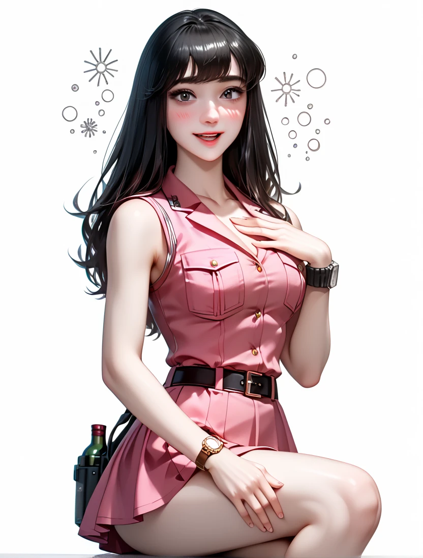   high resolution image ,  best quality , (A beautiful Korean girl is standing in a １Please describe a person ), ( open her mouth :0.6),(Drunk:1.2), super real skin,skinny body, small breasts,  shiny black hair ,((large round black eyes:1.3)),(( stares at viewers:1.0)),(( Unmanned White Background :1.5)),((Police belt with black holster on the waist:1.2)),((Watch on wrist:1.5)),  standing in an embarrassing pose,(( Cowboy Shots:1.8)),24K,(( place one hand on your chest:1.2)),((sleeveless and super mini skirt police uniform 1.2)),Expose the thighs ,Expose your arms,Attractive thighs,((Please describe the knee:1.5)),((Holding a wine glass in one hand:1.0))