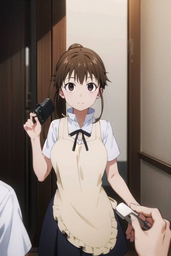 Popurataneshima, Popura Taneshima, Long Hair,  brown hair, ( Brown Eyes :1.5),  ponytails bleeding from the vagina, Ahoge, smile,
break apron,  waitress , Short sleeve,  skirt, black  skirt,
break indoors,  restaurant ,
break looking at viewer, ( cowboy shooting alone:1.5),
break (masterpiece:1.2),  best quality,  high definition ,   Unity 8K Wallpaper, (Illustration:0.8), ( BEAUTIFUL AND DETAILED EYES :1.6),   very detailed face in light blue underwear ,  perfect lighting,  highly detailed CG , (  Perfect Hand , perfect anatomy),Busty , big breasts , hollow eyes