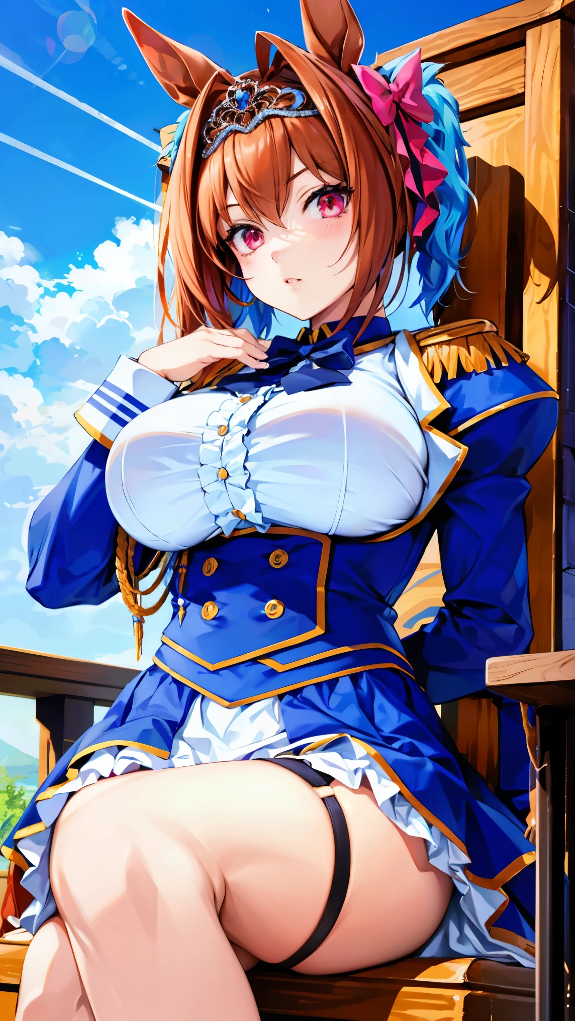 8k high resolution ( super detailed), masterpiece, ( best quality)　 anime illustration　 detailed eyes on board,  detailed face 　 detailed hands 　Fine hair　 very elaborate body carrying blue sky、 fine skin 　solo　Horse Girl_ Daiwa Scarlet　daiwa scarlet　 twin tails、 tiara 、 long hair、Brown Hair、Epaulettes、 Garter Straps 、 Long Sleeve 、(Big Breasts)、Red eyes、Bow tie、bangs、 blue jacket 、White thighs、 white shirt、White Skirt、 hair bow 　 see here　 sit on the throne　Magnificent Throne　temple　 crosses legs　 proud look with roof