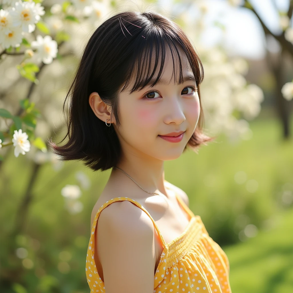 1 girl, (Wearing casual clothes for spring:1.2), Very beautiful Japanese idol portraits, 
(Raw photo, highest quality), (realistic, Photoreal:1.4), (masterpiece), 
very delicate and beautiful, very detailed, 2k wallpaper, wonderful, finely, Very detailed CG Unity 8K wallpaper, Super detailed, High resolution, soft light, 
beautiful detailed girl, very detailed目と顔, beautifully detailed nose, beautifully with fine eyes, cinematic lighting, 
(In the Garden:1.3),
(short hair), (parted bangs), 
complete anatomy, slender body, small breasts, smile