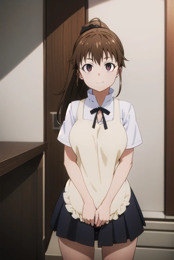 Popurataneshima, Popura Taneshima, Long Hair,  brown hair, ( Brown Eyes :1.5),  ponytails bleeding from the vagina, Ahoge, smile,
break apron,  waitress , Short sleeve,  skirt, black  skirt,
break indoors,  restaurant ,
break looking at viewer, ( cowboy shooting alone:1.5),
break (masterpiece:1.2),  best quality,  high definition ,   Unity 8K Wallpaper, (Illustration:0.8), ( BEAUTIFUL AND DETAILED EYES :1.6),   very detailed face in light blue underwear ,  perfect lighting,  highly detailed CG , (  Perfect Hand , perfect anatomy),Busty , big breasts , hollow eyes, smirking face 