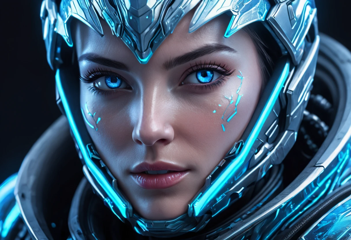 WOMAN&#39;S FACE powerful armor, sharp look,
Frost, calls, Perfect details, (The best quality, 4k,
High resolution, masterpiece:1.2), ultra detailed,
realistic:
1.37, HDR-10, Studio lighting, bright colors, (cyberpunk,
Futuristic) style, Ice Blue Color Scheme, dynamic lighting. MOD ULTRA FACE 8k laser eyes