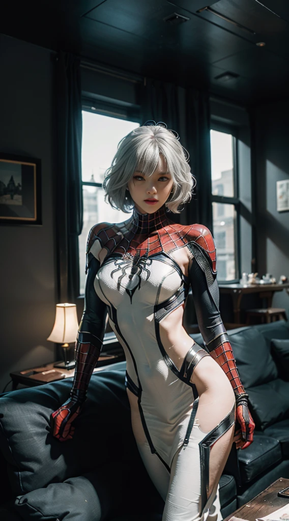 (Extreme Detail CG Unity 8K wallpaper, masterpiece, highest quality), (Exquisite lighting and shadow, highly dramatic picture, Cinematic lens effect), a girl in a white Spider-Man costume, silver gray hair color, from the Spider-Man parallel universe, Wenger, Marvel, Spider-Man, sitting on the couch, dynamic pose), (excellent detail, excellent lighting, wide angle), (excellent rendering, enough to stand out in its class), focus on white Spider-Man costumes, complex spider textures